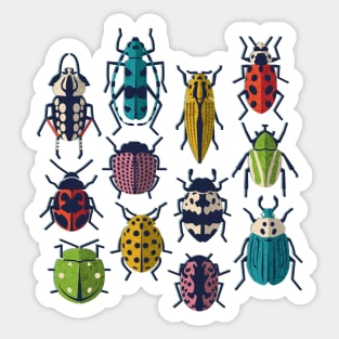 These don't bug me // spot // white background green yellow neon red orange pink blue and black and ivory retro paper cut beetles and insects Sticker